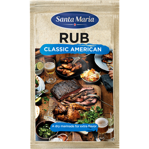 Påse med BBQ Rub Classic American till kött och kyckling. 